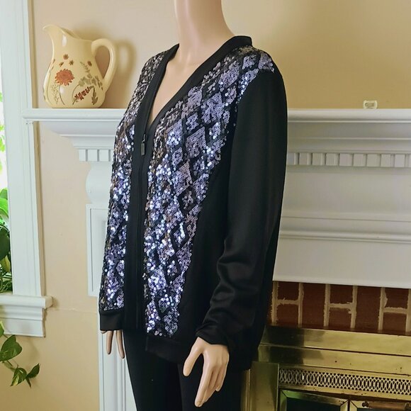 Bob Mackie Black Sequin Sweater L Zip Front Holiday Cardigan Side Pockets - Picture 2 of 6